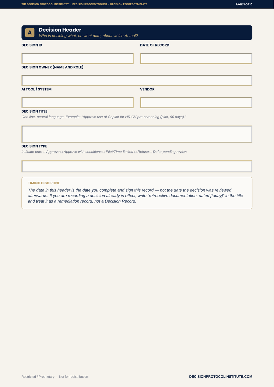 Decision Record Template — header form
